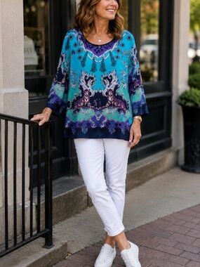 Antthony Status Print of Turquise, Navy & Purple Printed Scoop Neck 3/4 Sleeve